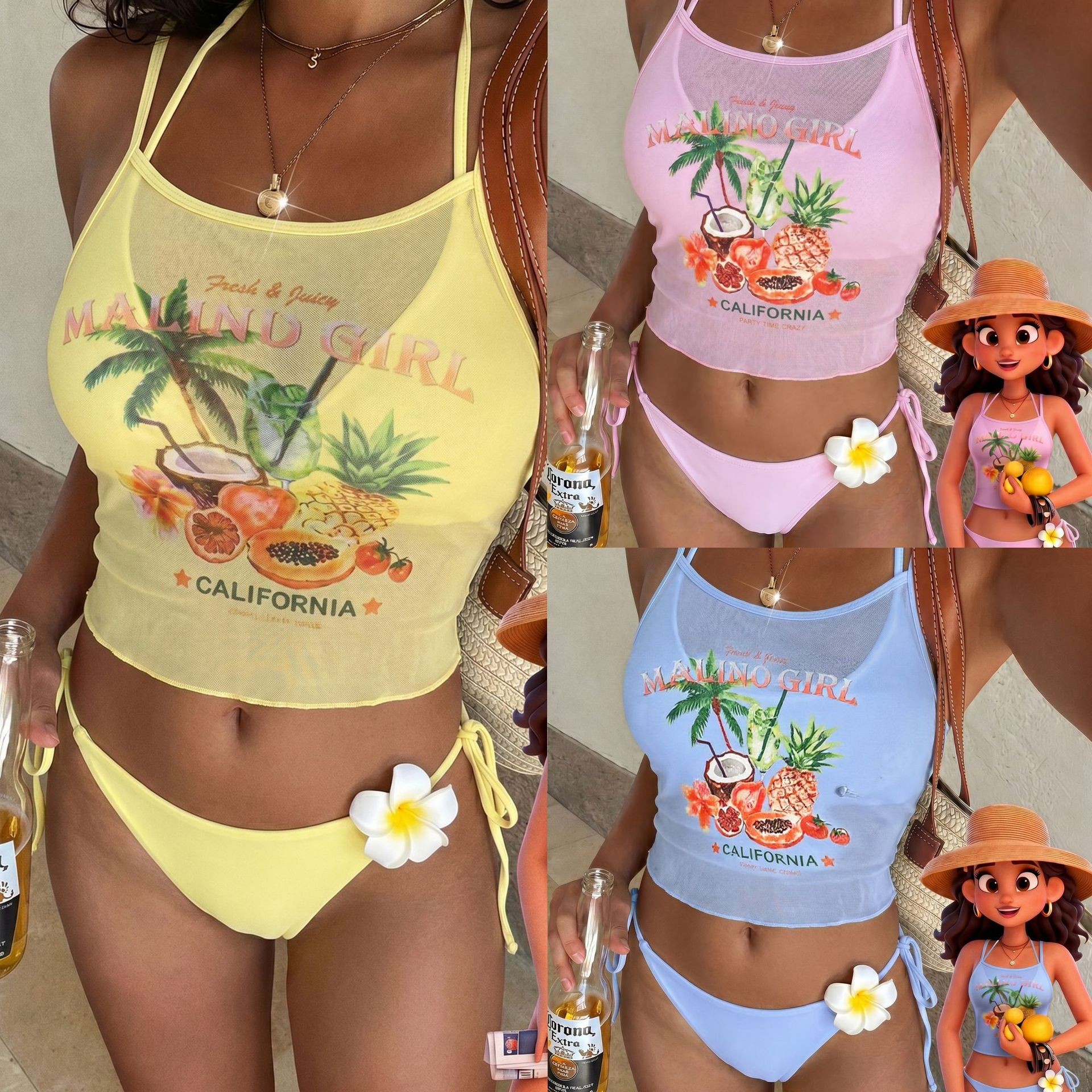 Sheer Mesh Bra - Fruit Print Bikini Bra Top Pastel